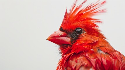 Wall Mural - Red cardinal bird close-up with wet feathers on white background. Nature and wildlife photography concept