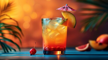 Wall Mural - Beverage Exotic tropical cocktail with vibrant colors, served in a stylish glass with a decorative umbrella and fruit garnish, evoking vacation vibes. Illustration, Minimalism,