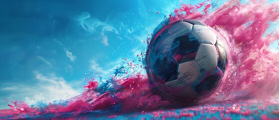 Wall Mural - Soccer Ball Exploding in Pink and Blue Paint.