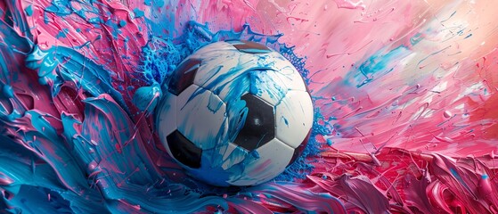 Wall Mural - Soccer Ball in a Sea of Pink and Blue Paint.