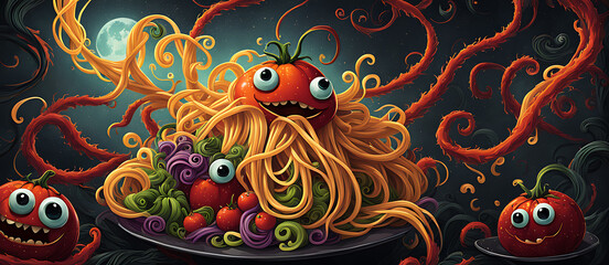 Wall Mural -  Spaghetti monster pasta flying halloween funny food pastafarian sauce cartoon. Pop spaghetti pasta monster dish scary head art spooky fun meatball humor tomato isolated atheist religious lunch holy. 