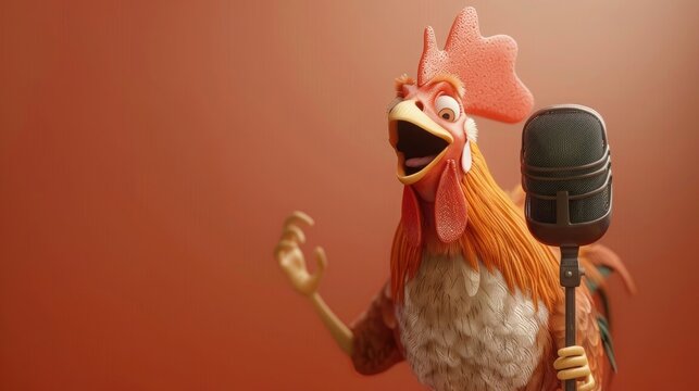 3d rooster singing to the microphone. Empty Copy Space for text. Generative AI.