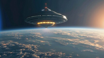 A 3D alien spaceship landing on Earth.