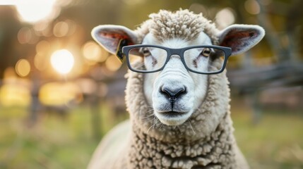 Wall Mural - sheep wearing glasses posing for camera with blurred background