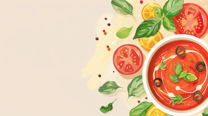 Wall Mural - Healthy vegan food with tomato soup or gazpacho on a bright background Ample space for text