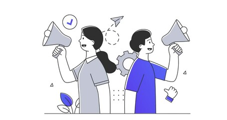 Poster - communicate message concept. moving banner with man and woman with loudspeaker. marketing and promot