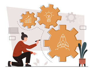 Aufkleber - Concept of processing. Woman sitting near gears and coghweels. Businesswoman and entrepreneur with idea for start up or business project. Cartoon flat vector illustration isolated on white background