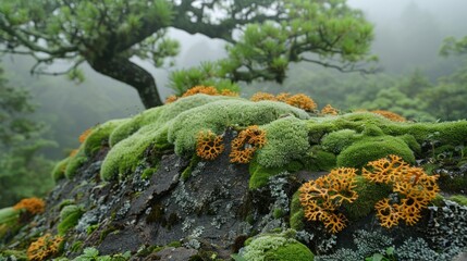 Wall Mural - Vibrant Orange Lichen Growing on Mossy Stone