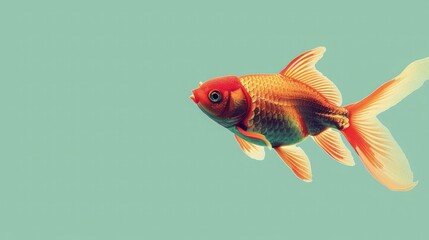 Wall Mural - A colorful goldfish swimming on a solid aqua background with copy space