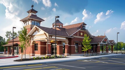 small-town fire station with a durable and decorative brick exterior, symbolizing safety and resilience within the community