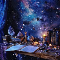 Wall Mural - Cosmic Inspiration: A starry night sky background, with a desk adorned with astrological signs and crystals, evoking a spiritual and mystical work environment.