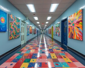 Poster - A vibrant hallway filled with colorful abstract paintings and a checkered floor, under bright fluorescent lighting.