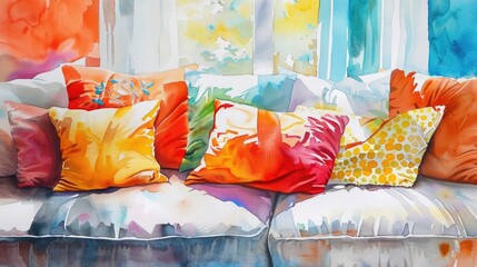 Wall Mural - Cozy living room with colorful pillows, painted in watercolor , interior design, home decor, comfortable, relaxation, cushion, throw pillows, cozy, colorful, watercolor painting