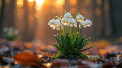 Wall Mural - Snowdrop Flowers in a Forest with Golden Bokeh