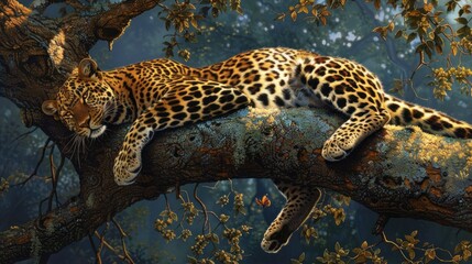 Sticker - A Leopard Rests on a Tree Branch in the Forest