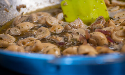 Wall Mural - Vegetarian street food in Germany, roasted champignons mushrooms with sour cream