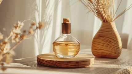 Canvas Print - Glass bottle with scented oil on display Natural beauty product concept Wooden shape on soft backdrop