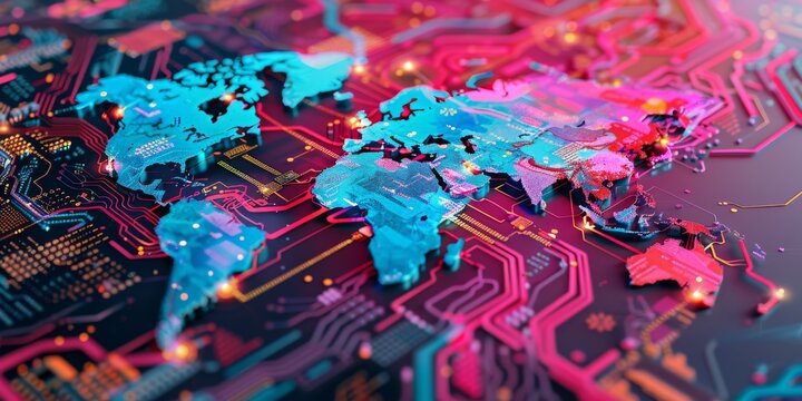 A colorful digital world map on top of an intricate circuit board, representing global connectivity and the power to shape technology's impact in various countries