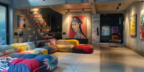 Wall Mural - Modern Art Living Room with Artistic Sofa and Installations. Contemporary Urban Stylish Living Space Featuring Art Decor, Interior Design Aesthetics, and Elegant Color Tones. AI-Generated High-Resolut