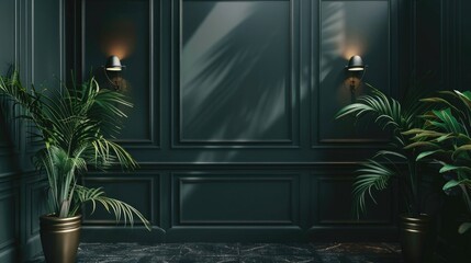 Wall Mural - Dark background wall with classic wainscoting and exotic tropical elements