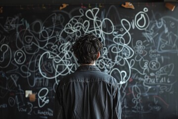 A man standing in front of a blackboard with chalk drawing tangled lines and question marks, symbolizing confused thinking.