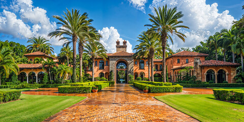 Wall Mural - Spanish style mansion in Florida, exterior luxury home design, wide banner