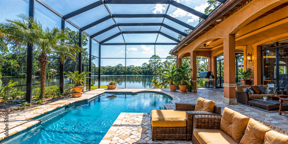 Florida luxury mansion lanai patio on the waterfront with screened in ...