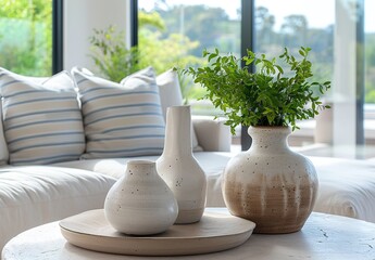Elegant ceramic vase with olive branches on a round wooden table in front of a sofa, surrounded by white and blue striped cushions, showcasing Scandinavian interior design with natural materials.