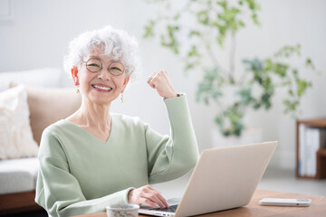 Wall Mural - senior women talking on phone inquiries while looking at computer negative image such as difficulty 