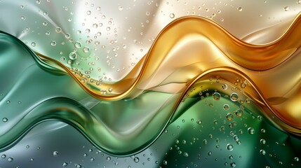 Wall Mural - Closeup on waves and folds of white-peach-gold-emerald gradient fabric underwater with air bubbles