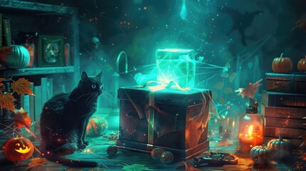 Wall Mural - Enchanted Halloween gift box, glowing in a dark room, surrounded by potions, books of spells, and a black cat, mysterious aura