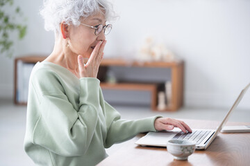 Wall Mural - surprised senior woman with her hand over her mouth while looking at a computer at a scam site or so