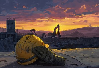 A yellow construction helmet and gloves on the background of an excavator at sunset, symbolizing safety in the building industry.