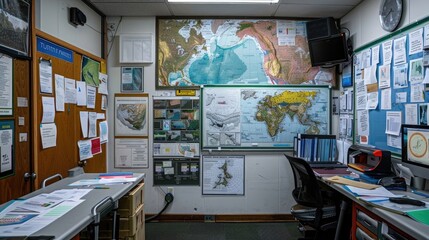 Wall Mural - Environmental Scientist's Wall: Displaying maps of environmental data, images of ecosystems, and a whiteboard with research plans