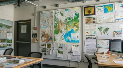 Wall Mural - Environmental Scientist's Wall: Displaying maps of environmental data, images of ecosystems, and a whiteboard with research plans