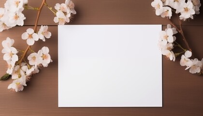 Wall Mural - cherry blossom with white paper on wooden background