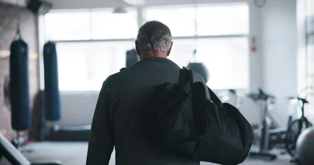 Poster - Man, fitness and walking to gym with bag to start exercise, workout or boxing for body wellness. Sport, back view and person enter health club with gear for mature training athlete ready for practice