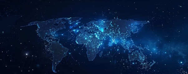 Wall Mural - Abstract digital world map with blue dots on a dark background, depicting a technology and global network concept.