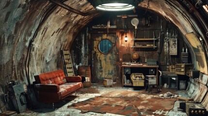 Wall Mural - Nuclear Fallout Bunker: A Fallout Shelter-style Interior with Fallout Survival Equipment, Eliciting Post-apocalyptic Themes