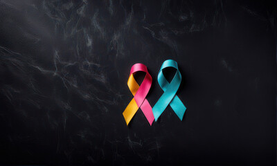 Wall Mural - World cancer day, National cancer survivor day, cancer awareness, world autism awareness day, World Down Syndrome Day, top view colorful ribbons on background