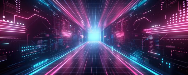 Futuristic Digital Backdrop with Neon Lights and Grid Patterns for Technology and Virtual Reality Themes