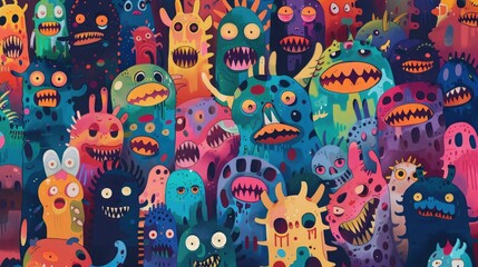 Wall Mural - Many colorful cute alien monsters trapped and smushed together, scared monsters in a group collage. Generative AI illustration