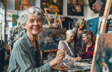 Wall Mural - an elderly woman with white hair and glasses, smiling while painting at the art club in her community center surrounded by other people doing various activities