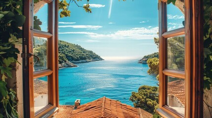Wall Mural - Open window with stunning Mediterranean view of turquoise waters, terracotta rooftops, and lush greenery under warm sun