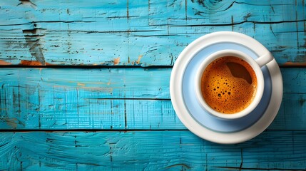 Cup of fresh coffee on blue wooden background, top view