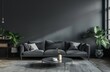 © DWN Media - Dark gray wall background, living room with sofa and coffee table in the corner, dining area, high resolution photography in a minimalist, simple and clean style.