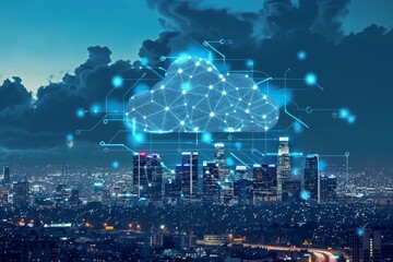 Digital cloud technology concept with a blue color background of a smart city skyline and icons connecting to the big data center in downtown