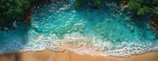 Wall Mural - Tropical Beach Scene With Turquoise Water And Foamy Waves From Above