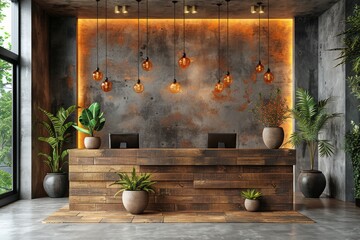 Sticker - Front view of modern luxury reception desk in wooden material with concrete wall background, interior design for hotel or office lobby, mockup photo