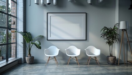 High resolution image of an empty waiting room in a hospital, featuring three white chairs and one wall frame mockup.